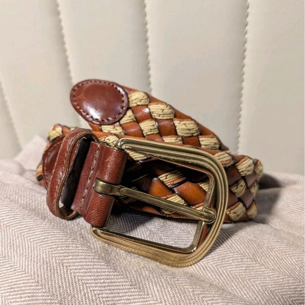 Torino Leather Co. Italian Leather Woven Cord Belt Brass MCM Buckle Mens 32